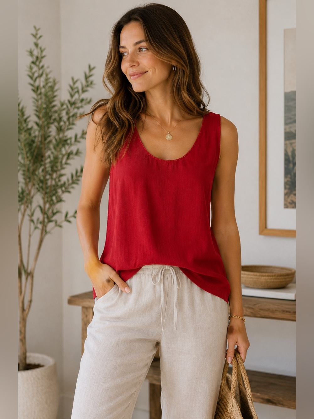 Asian Creations Red Rayon Scoop Neck Sleeveless Tank Top Size M Boho Cottagecore